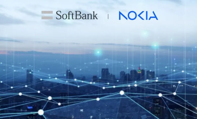 SoftBank and Nokia logos overlaid on a futuristic cityscape with network connections.