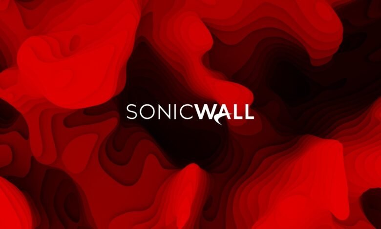 SonicWall logo on a vibrant red abstract background with layered contours.