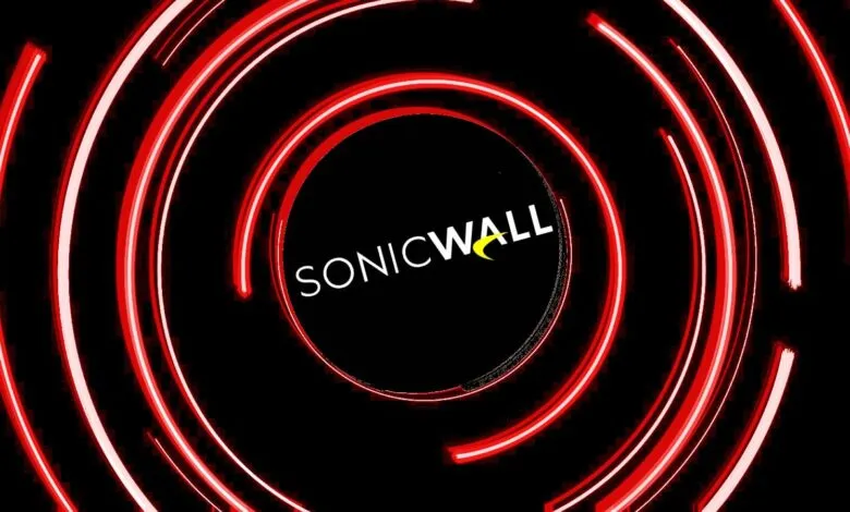 SonicWall logo with a red circular light effect on a black background.