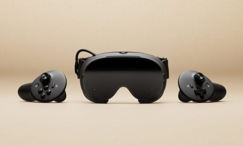 Black virtual reality headset with two controllers on a beige background.