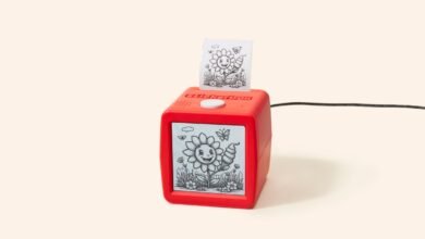 Red Stickerbox printer showing sunflower design on screen and printed sticker.