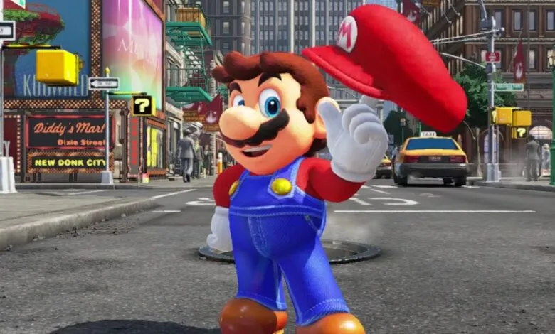 Mario tipping his red cap in a city street with buildings and taxis.