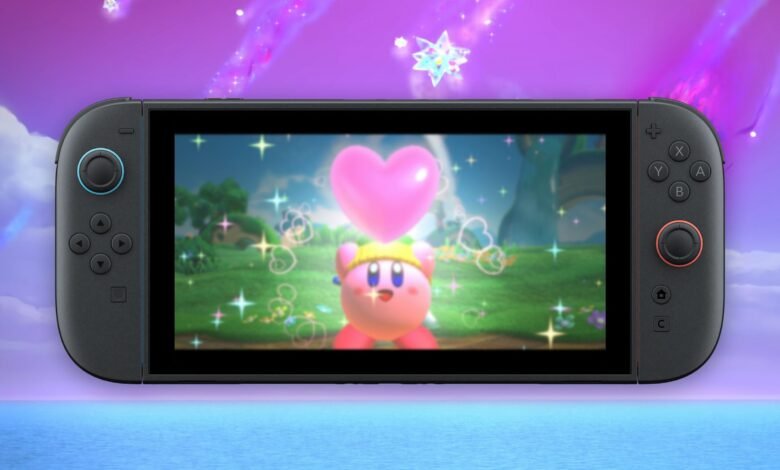 Nintendo Switch console displaying Kirby with a heart above his head