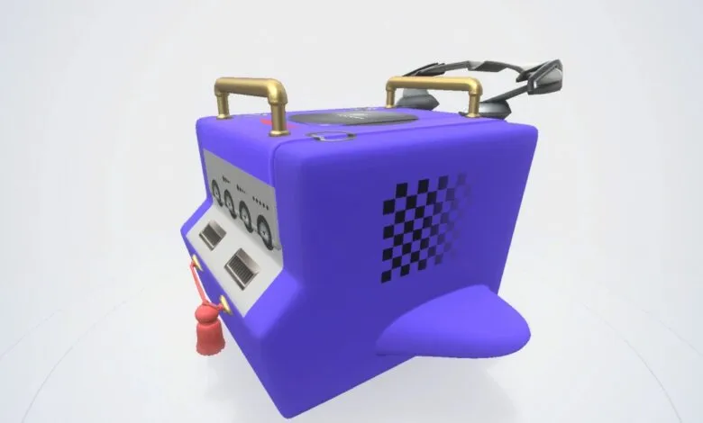 A purple, retro-futuristic device with gold handles and a checkered flag emblem.