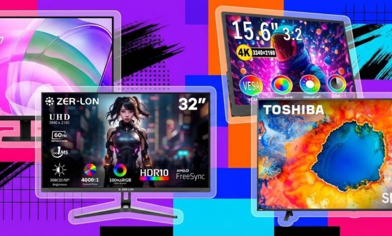 Four different monitors and TVs displayed on a colorful background.
