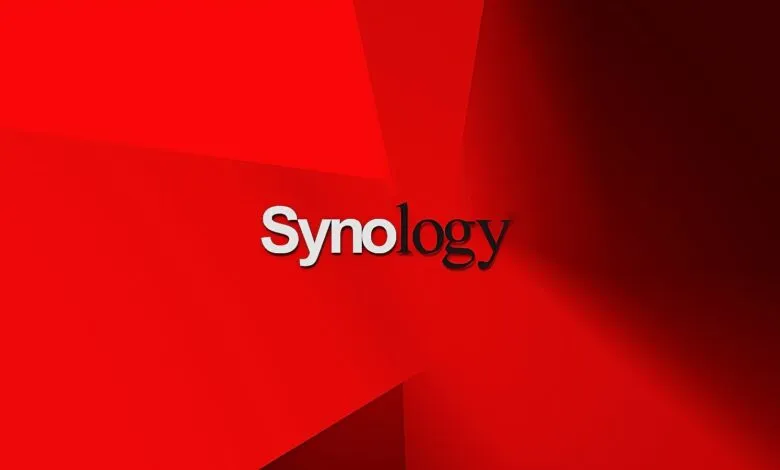 The Synology logo in white and black text on a red background.