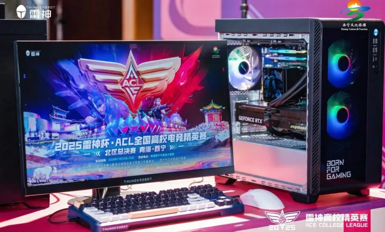 Thunderobot gaming setup with monitor displaying ACL esports tournament graphic.