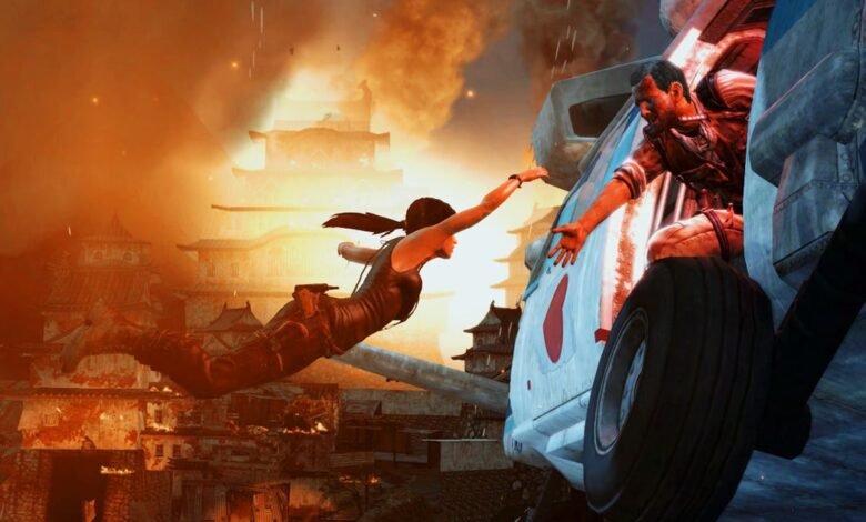 Woman in black outfit leaping towards a man reaching from a helicopter