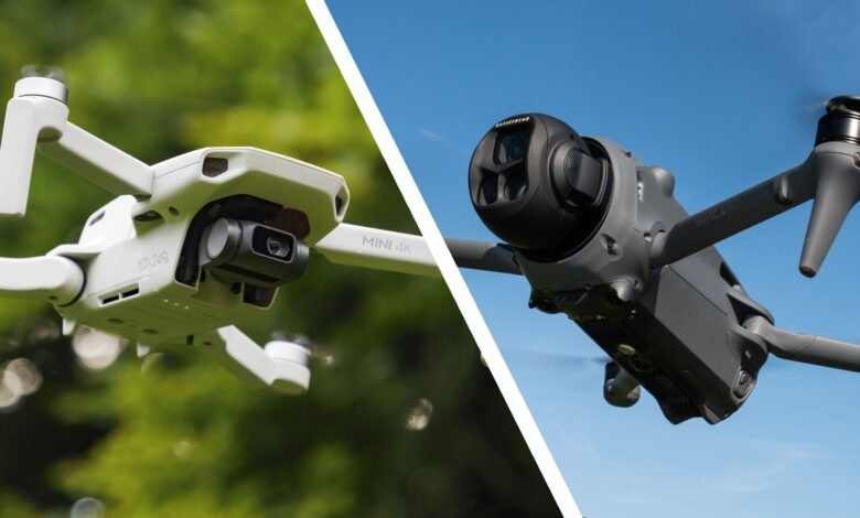 Split image of a white DJI Mini 4K drone and a gray DJI Mavic 3 Pro drone.
