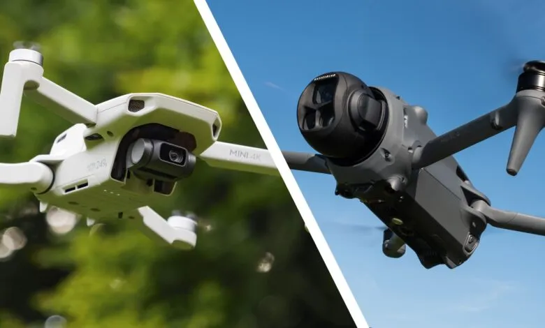 Split image of a white DJI Mini 4K drone and a gray DJI Mavic 3 Pro drone.