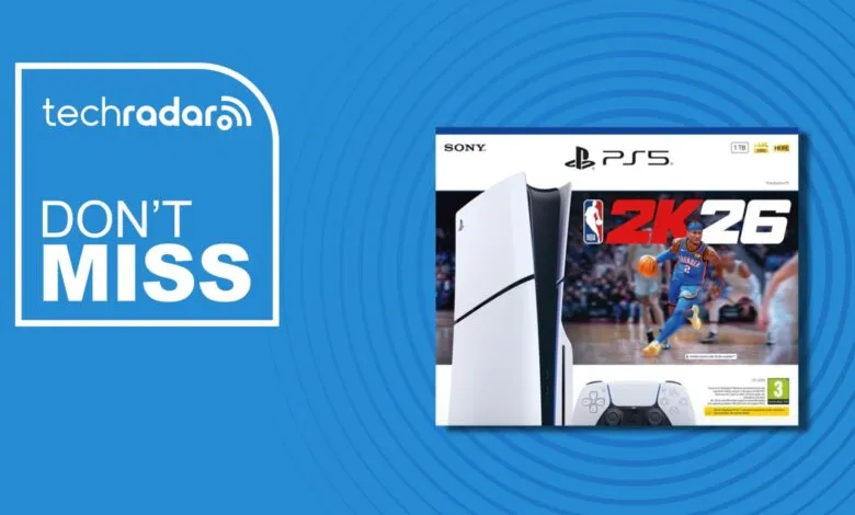 PlayStation 5 console and NBA 2K26 game cover featuring a basketball player.