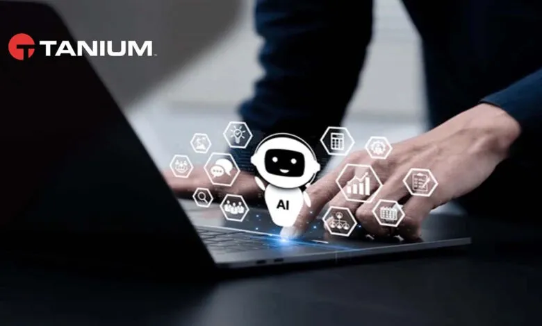Tanium logo with AI bot and technology icons over a laptop keyboard.