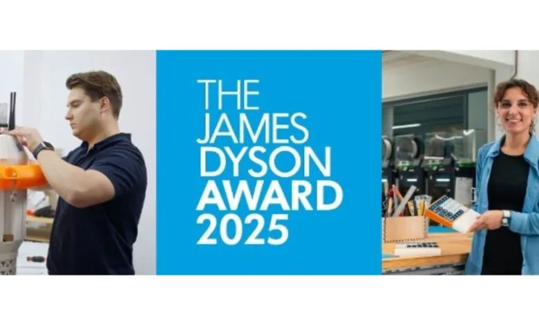 Man working on a device and woman holding a project, with the James Dyson Award logo.
