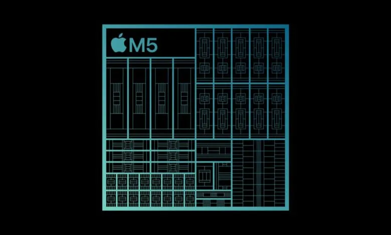 Stylized diagram of Apple's M5 chip with a teal gradient on a black background.