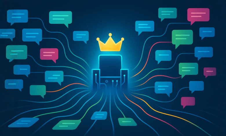 A glowing throne with a crown, surrounded by interconnected chat bubbles on a dark blue background.