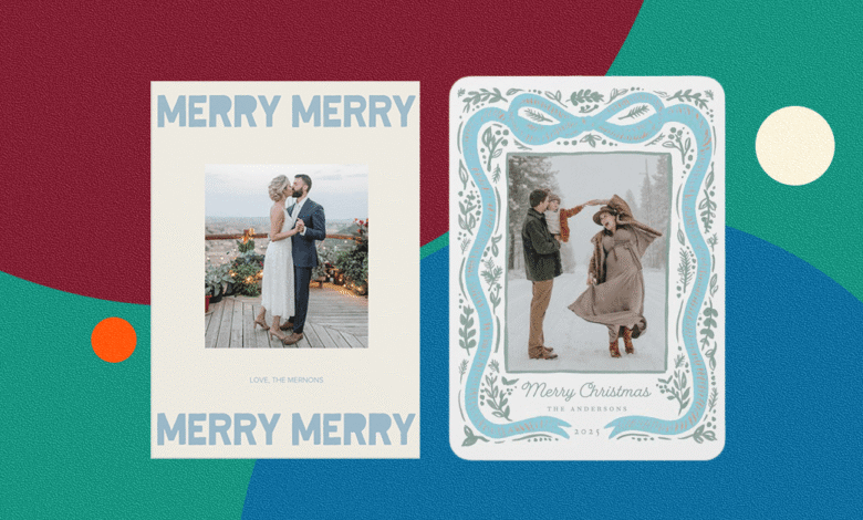 Two holiday photo cards displayed side-by-side with festive designs.
