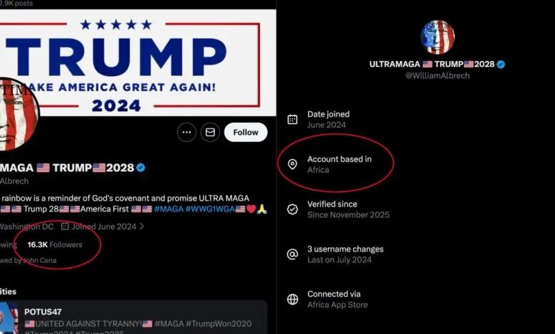 Screenshot of a Twitter profile named 'ULTRAMAGA TRUMP 2028' indicating account origin in Africa.