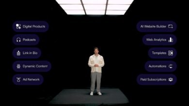 Man standing in a dark room with glowing digital service options around him.