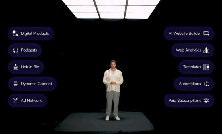 Man standing in a dark room with glowing digital service options around him.