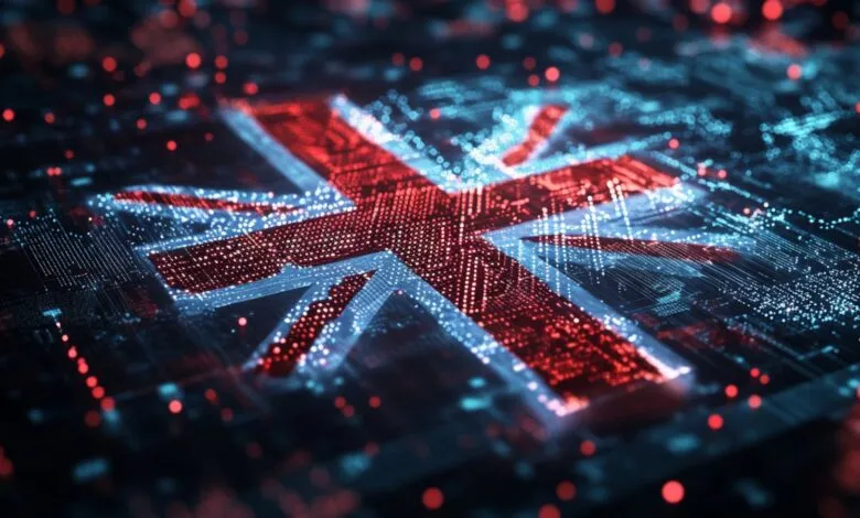 Digital Union Jack flag with red and blue circuit board design.