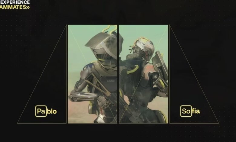 Split image of two futuristic characters named Pablo and Sofia.