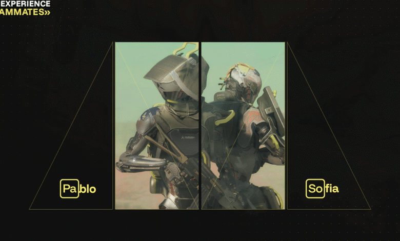 Two futuristic armored characters, Pablo and Sofia, back-to-back.