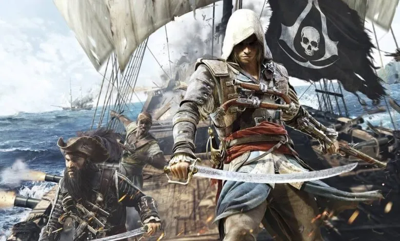 Edward Kenway from Assassin's Creed Black Flag on a pirate ship during a naval battle.