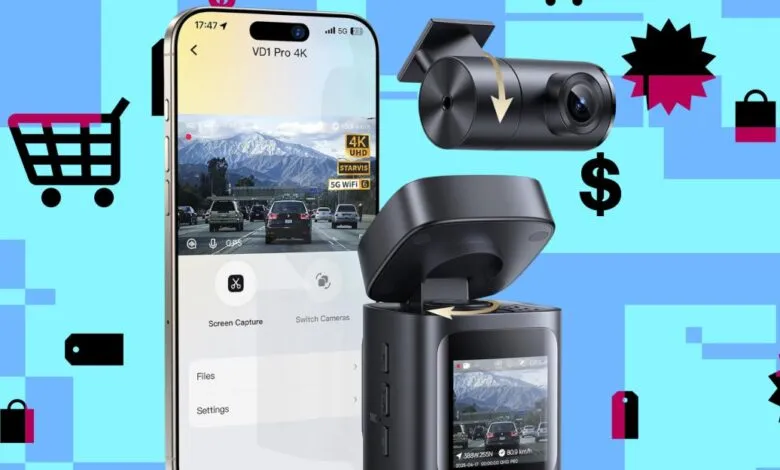 Smartphone displaying a dash cam app interface next to two dash cam devices.