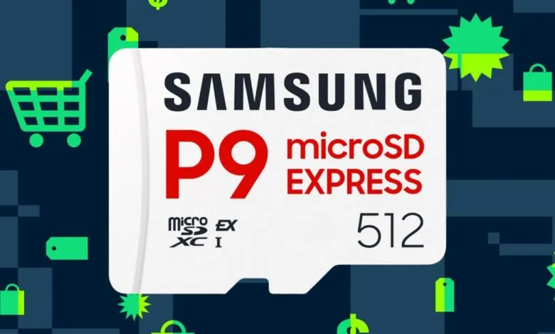 Samsung P9 microSD Express 512GB card with shopping icons