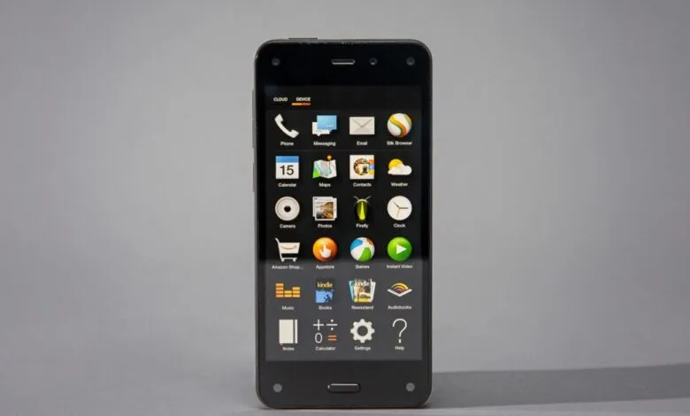 Amazon Fire Phone displaying its home screen with various app icons.