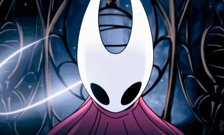 Close-up of Hornet from Hollow Knight, wearing a white mask and pink cloak.