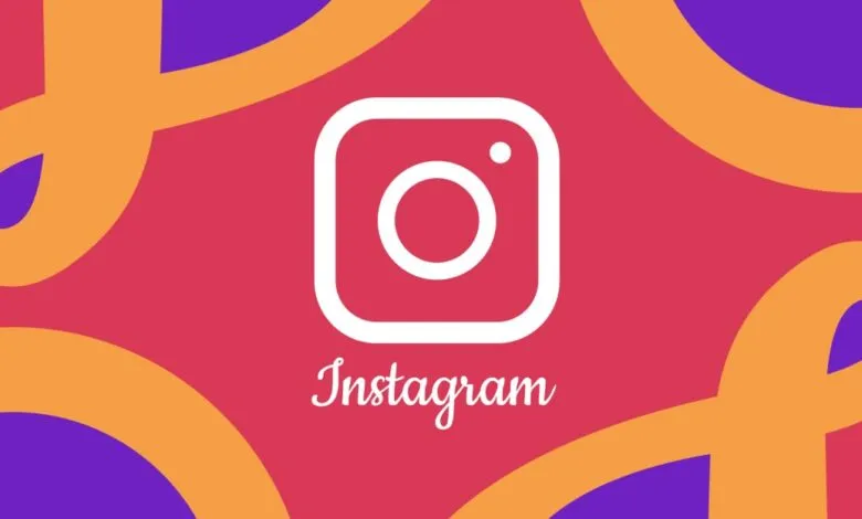 The Instagram logo is displayed prominently on a vibrant pink background with abstract orange and purple shapes.