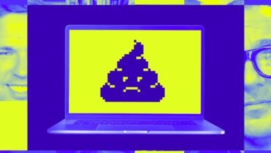 Laptop displaying a pixelated sad poop emoji against a bright yellow background, framed by split portraits of men.