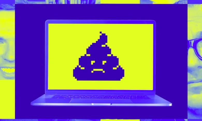 Laptop displaying a pixelated sad poop emoji against a bright yellow background, framed by split portraits of men.