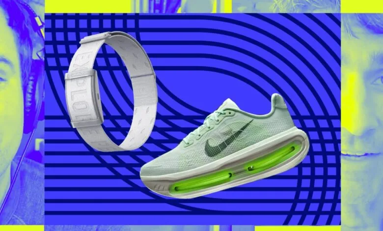 Nike shoe, WHOOP band, and two men's faces in a vibrant, stylized composition.