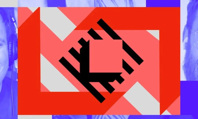 Abstract graphic with two smiling faces, geometric shapes, and bold colors.