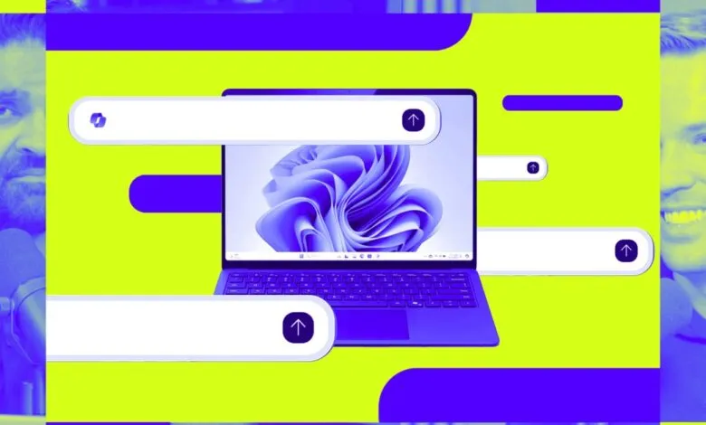 Two men flanking a laptop displaying a chat interface with a purple Windows 11 wallpaper.