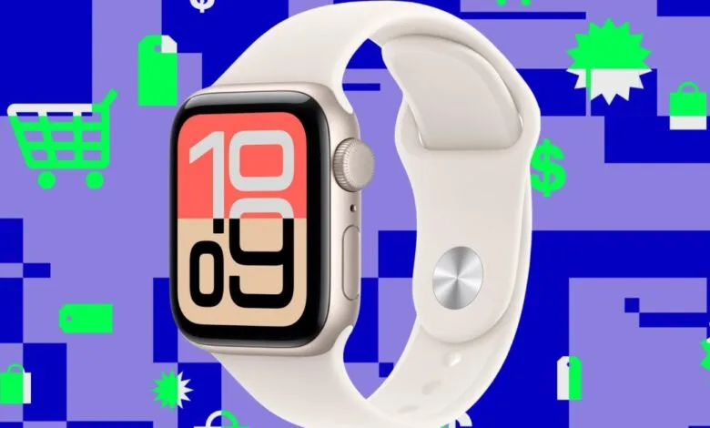 Close-up of an Apple Watch SE with a cream band against a purple and blue graphic background with shopping icons.