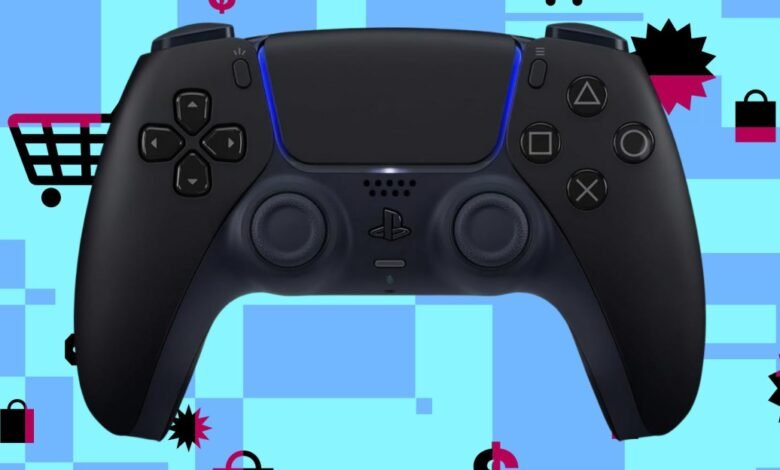 Black PlayStation 5 DualSense controller against a blue shopping-themed background.