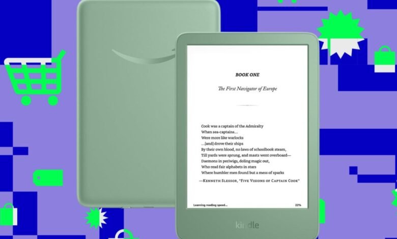 A light green Kindle e-reader displaying a poem, next to its cover, on a purple background with shopping cart icons.