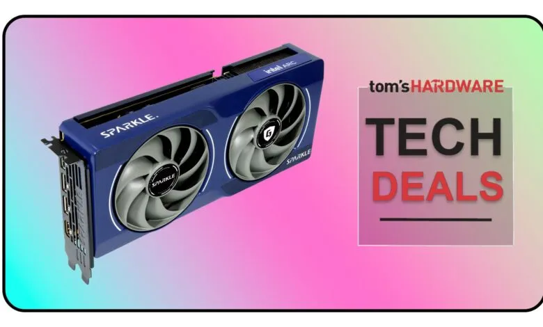 Blue Intel Arc graphics card with dual fans and 'Sparkle' branding.