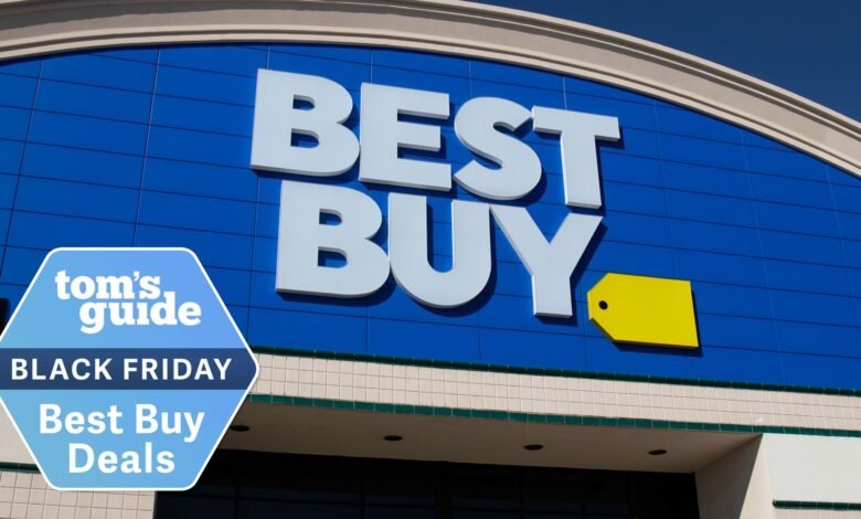 Best Buy store exterior with prominent logo and Black Friday deals graphic.