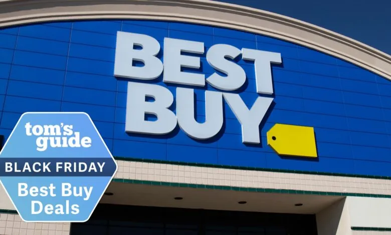 Best Buy store exterior with prominent logo and Black Friday deals graphic.