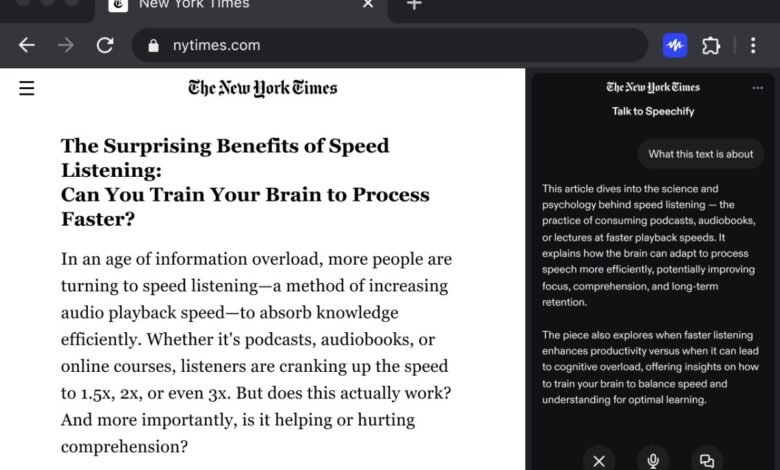 New York Times article on speed listening with Speechify AI assistant.