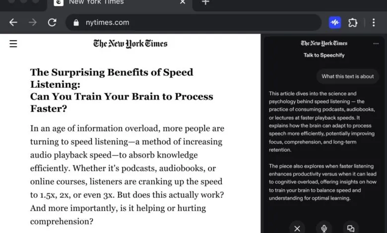 New York Times article on speed listening with Speechify AI assistant.