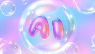 The letters 'AI' are formed by iridescent, bubble-like shapes within a larger bubble.