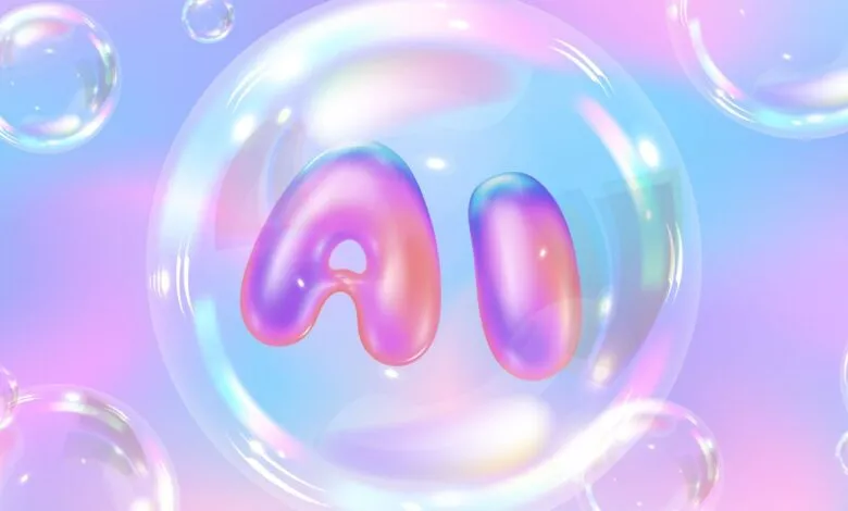 The letters 'AI' are formed by iridescent, bubble-like shapes within a larger bubble.