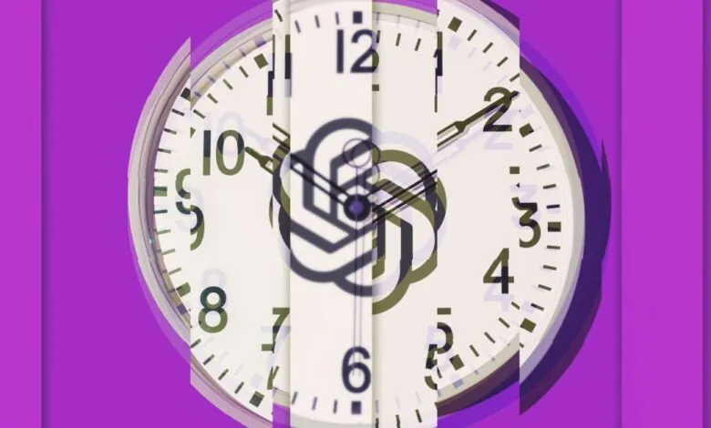 Clock face with ChatGPT logo overlayed on a purple background.