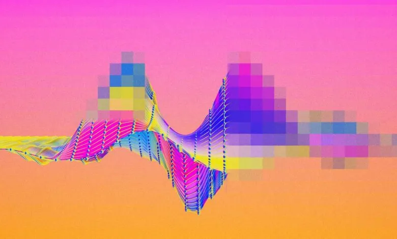 Abstract digital waveform with pixelated elements and vibrant colors.
