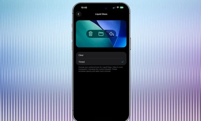 iPhone screen showing 'Liquid Glass' settings with 'Tinted' option selected.